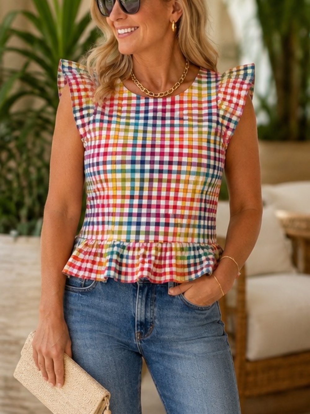 KOCH Colorful Gingham Seersucker Peplum Ruffle Sides Top S Fits XS NWT $265